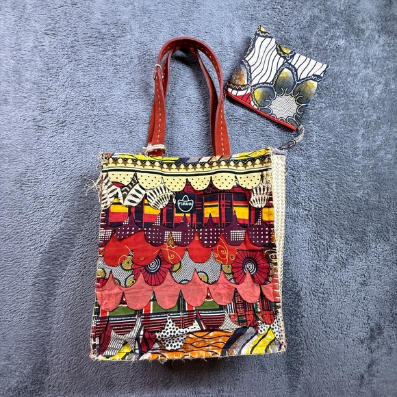 Kikapu by Furaha B Handbags - Kikapu by Furaha B African Art Weave Ankara Tote Bag Leather Handles